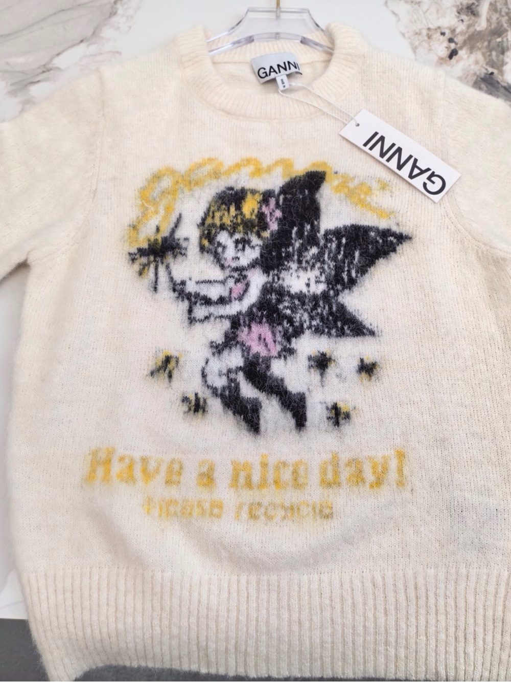 Ganni Cream Crewneck Sweater with Black, Yellow & Pink Angel Motif